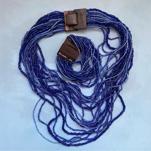 Statement Seed Beaded Multistrand Blue Boho Statement Necklace Bracelet Set